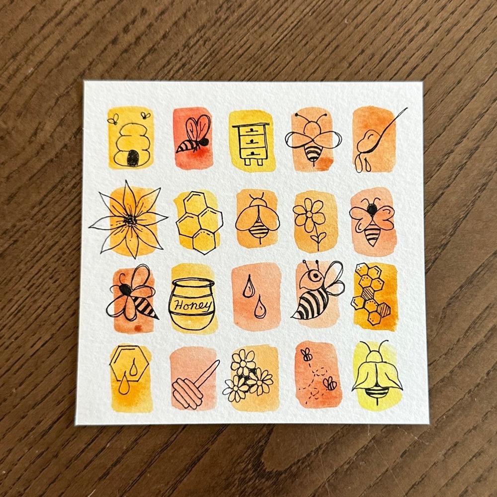 Original Bee‎ Honeycomb Watercolor Ink Mini Painting Signed 2020 4'' x 4'' Art